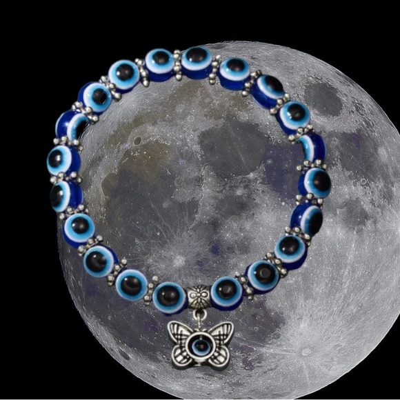 None Jewelry - NWT Bright Blue Black Beaded Butterfly Lucky Bracelet Meditation